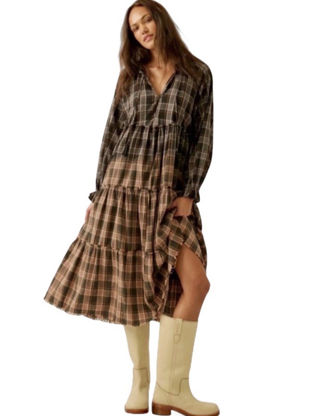 Promesa Truly Tartan Tiered Midi Prairie Dress Black Brown Ombre Plaid Boho Sz S